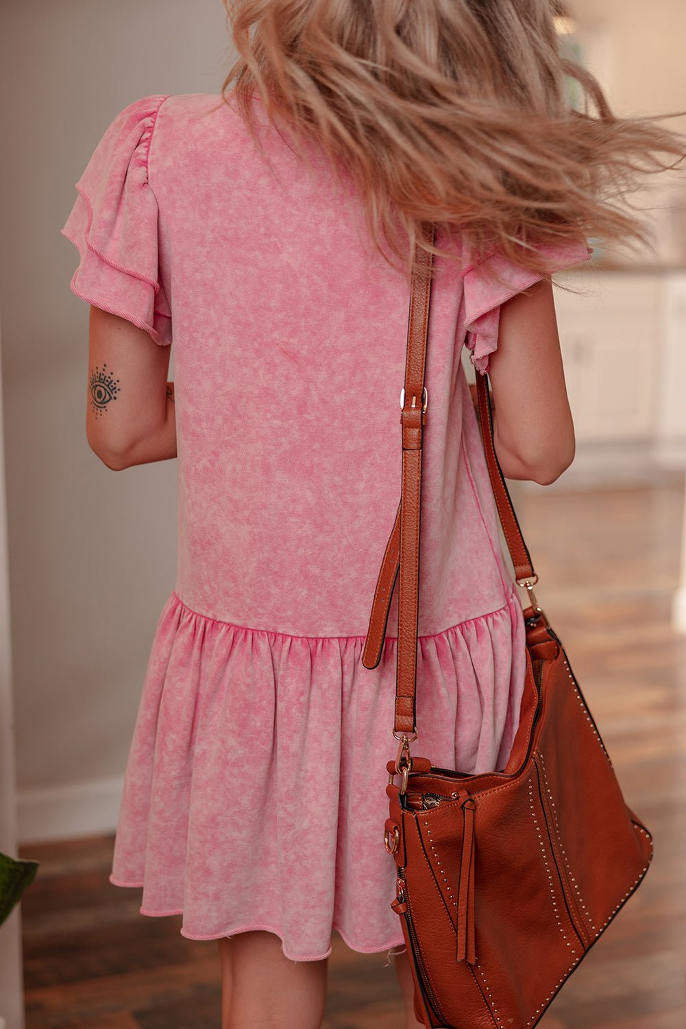 Sachet Pink Mineral Wash Raw Edge Ruffle Mini Dress - Crowned Energy CO.