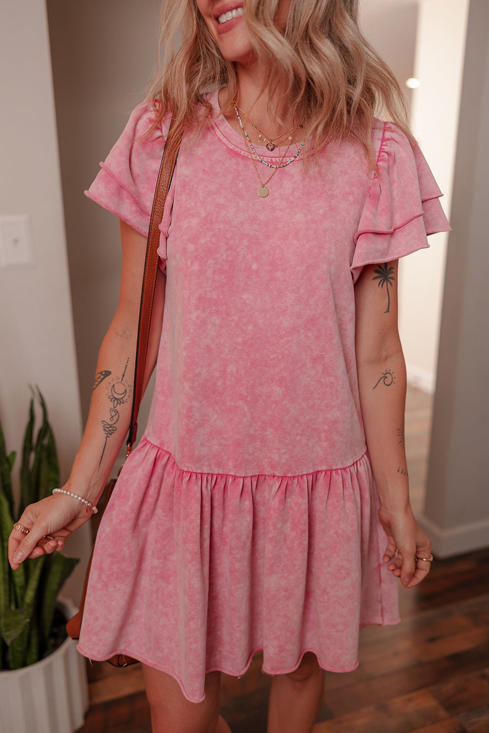 Sachet Pink Mineral Wash Raw Edge Ruffle Mini Dress - Crowned Energy CO.