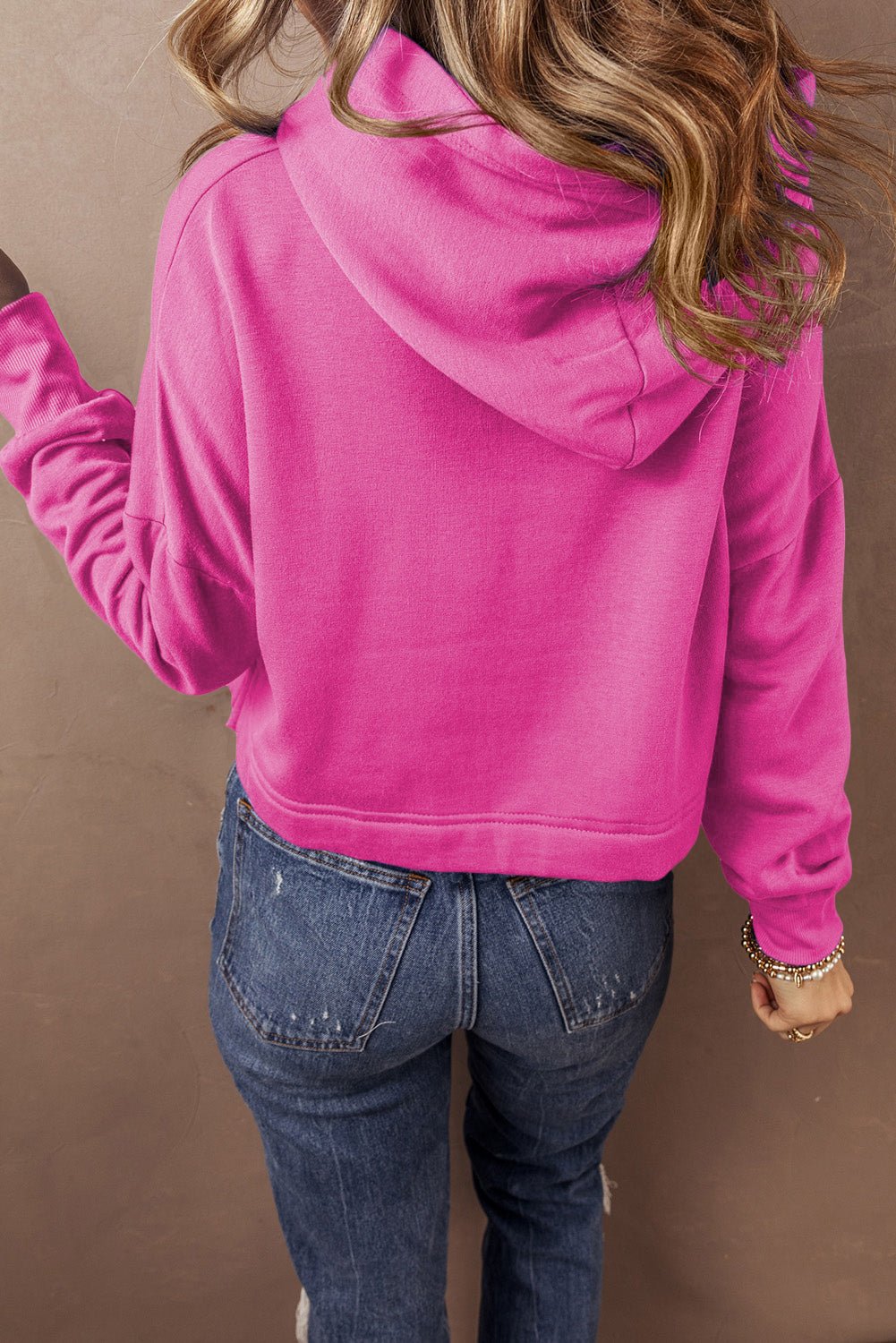 Sachet Pink Solid Drop Shoulder Drawstring Cropped Hoodie - Crowned Energy CO.