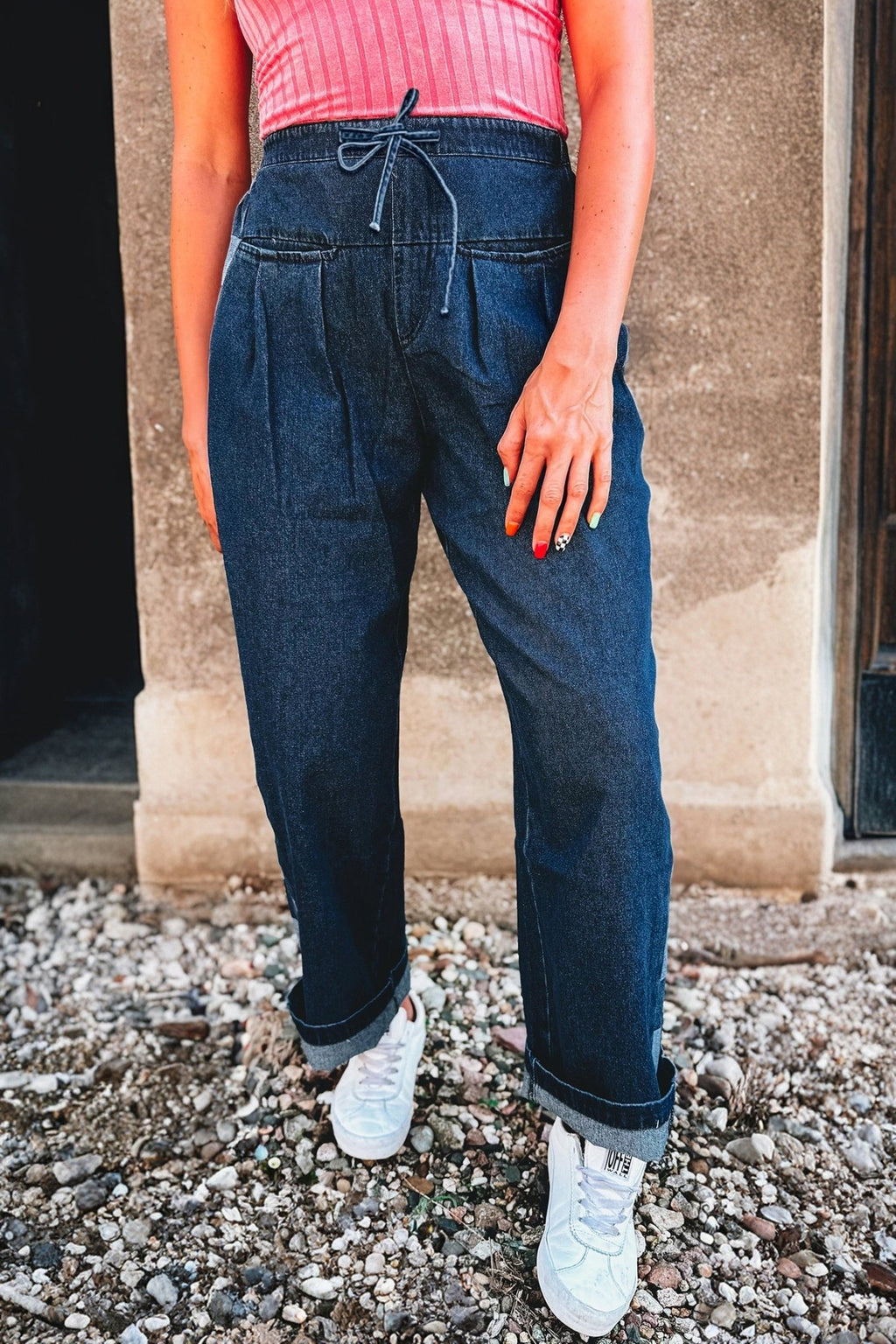 Sail Blue Checkered Side Panel Patchwork Drawstring Loose Denim Pants - Crowned Energy CO.