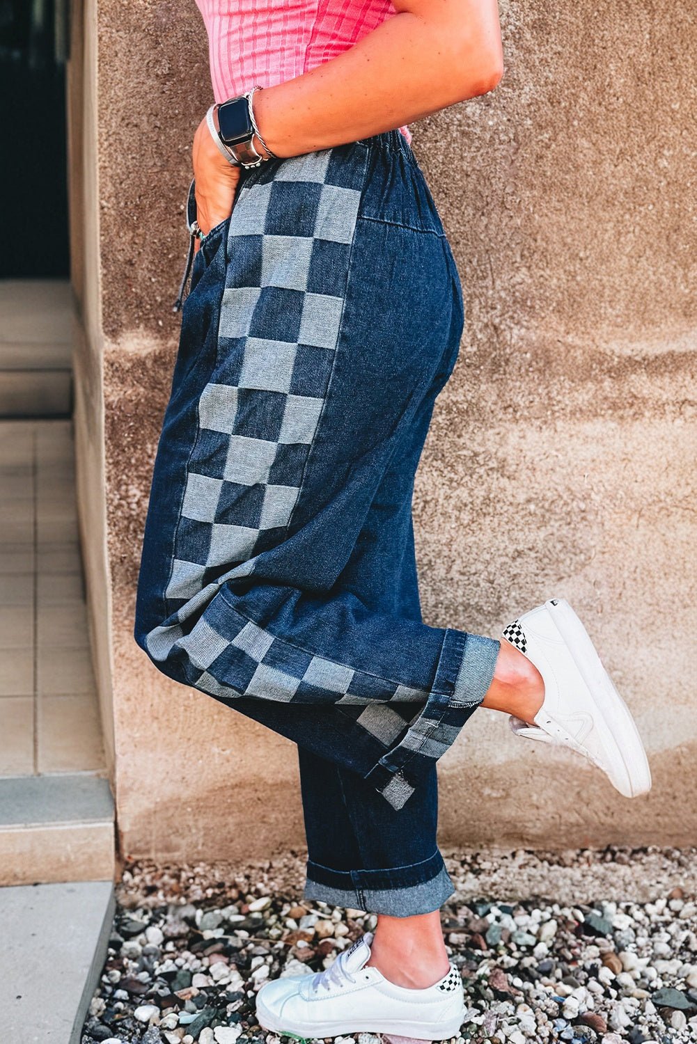 Sail Blue Checkered Side Panel Patchwork Drawstring Loose Denim Pants - Crowned Energy CO.
