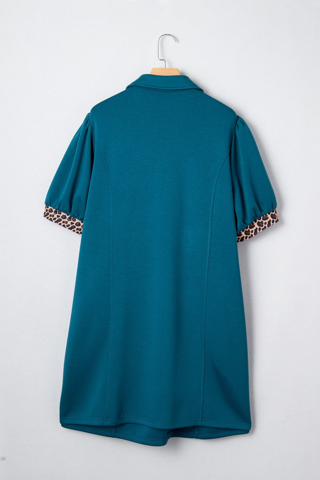 Sea Green Leopard Patchwork Detail Quarter Zip Collared Plus Size Mini Dress - Crowned Energy CO.