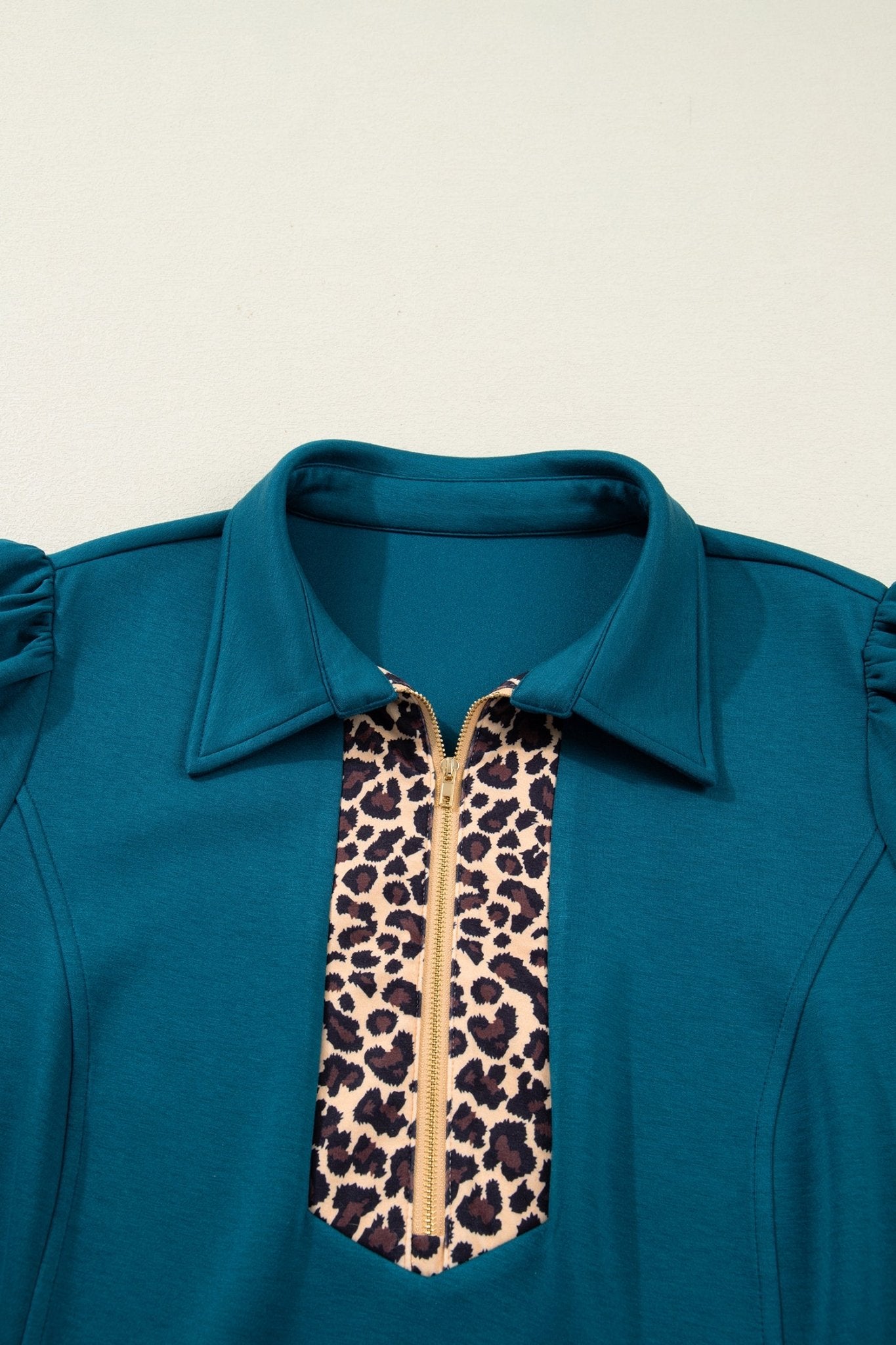 Sea Green Leopard Patchwork Detail Quarter Zip Collared Plus Size Mini Dress - Crowned Energy CO.