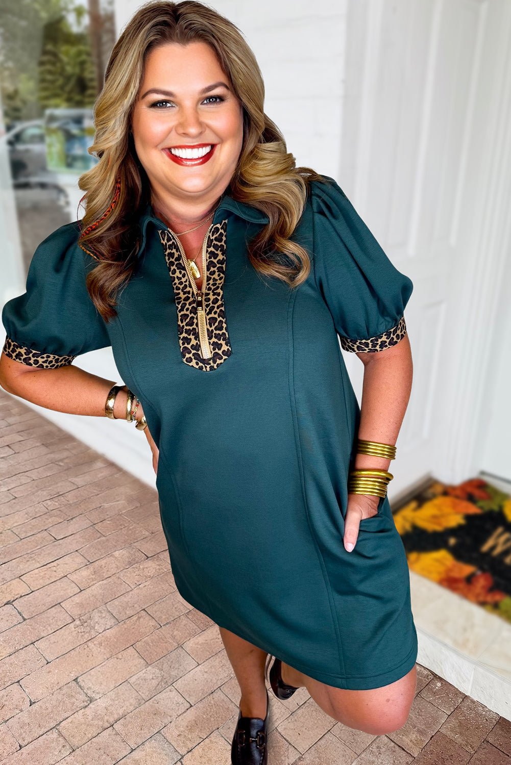Sea Green Leopard Patchwork Detail Quarter Zip Collared Plus Size Mini Dress - Crowned Energy CO.