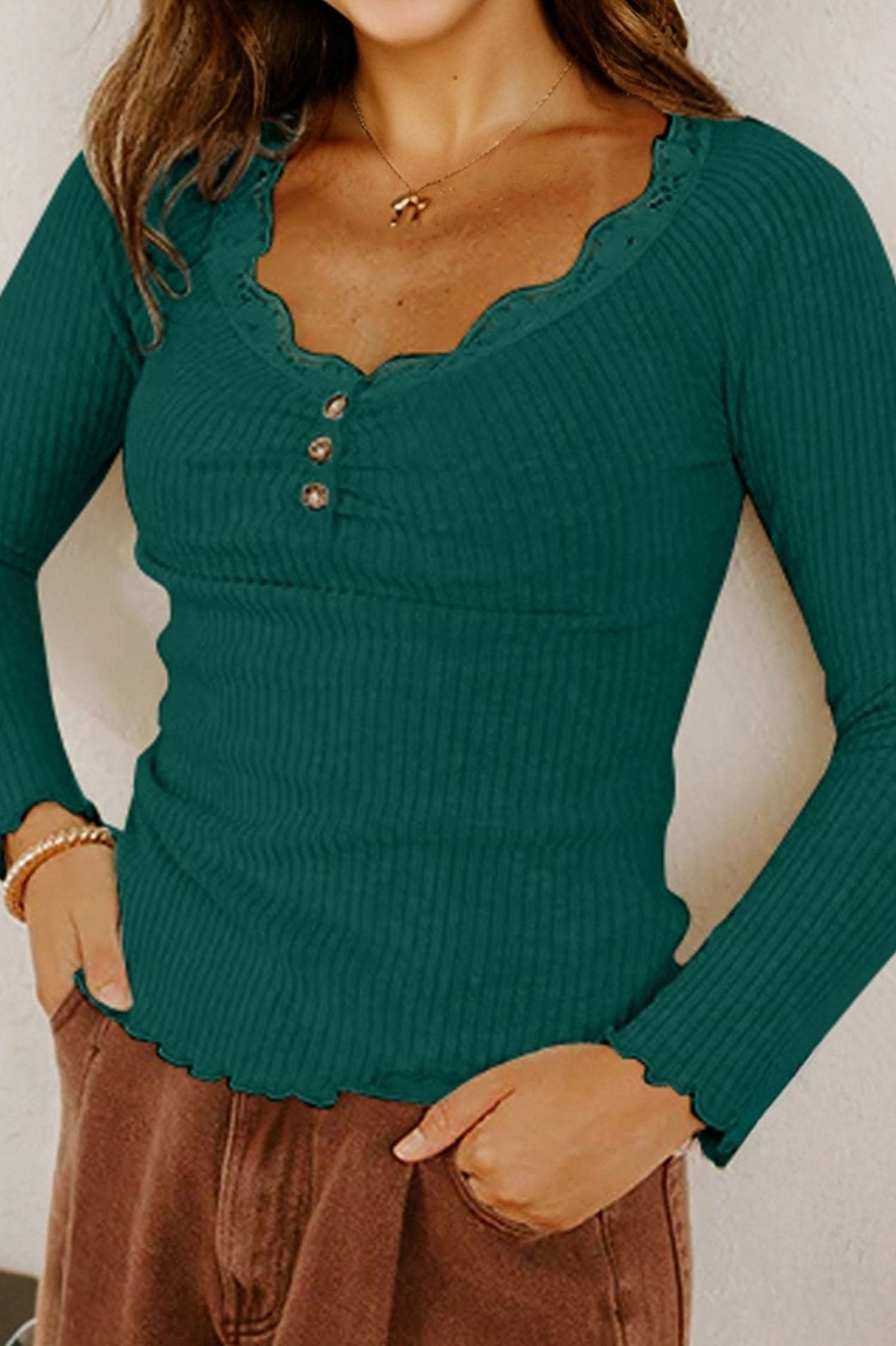 Skobeloff Lace Neckline Button Decor Lettuce Edge Long Sleeve Ribbed Top - Crowned Energy CO.