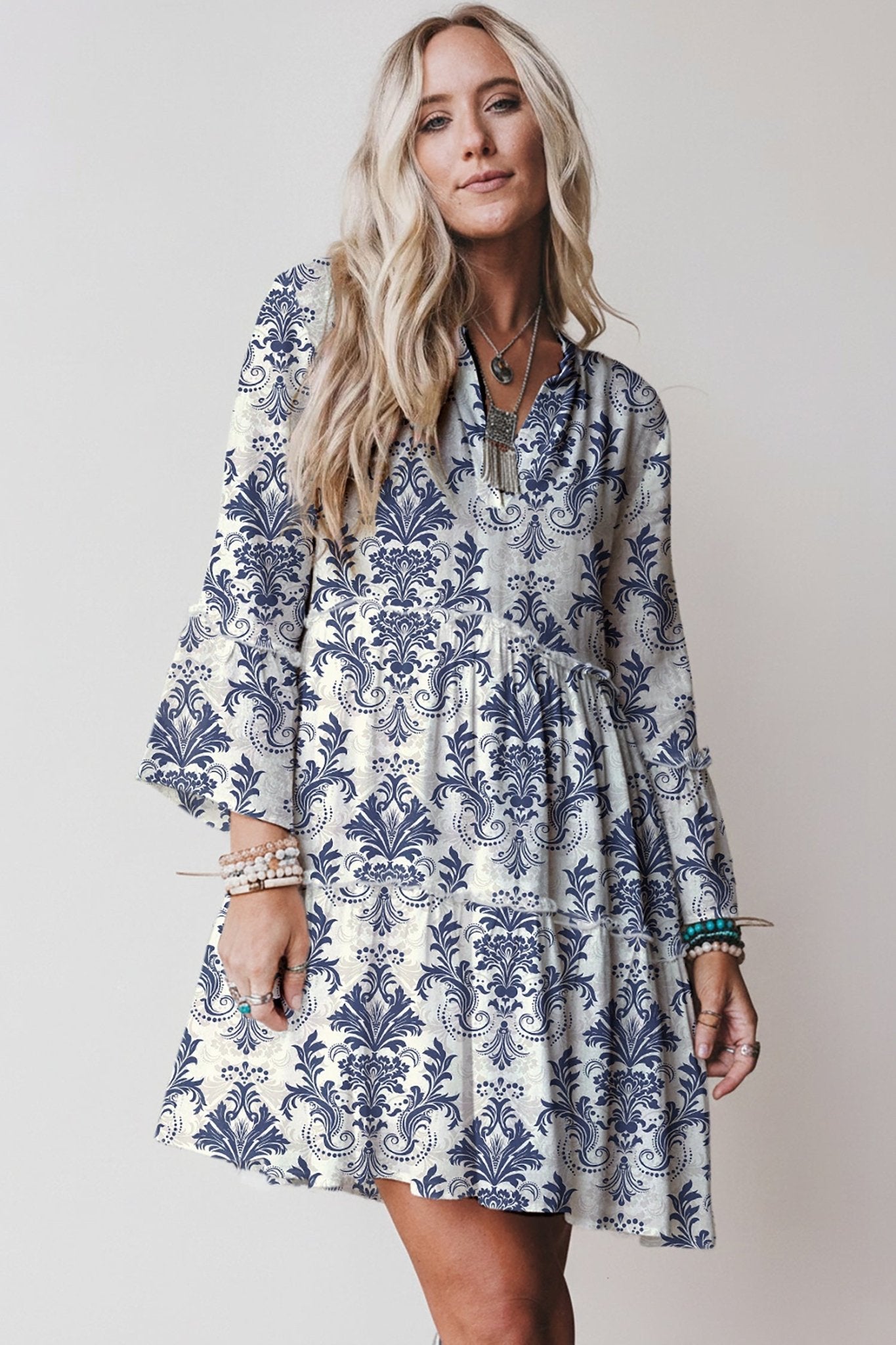 Sky Blue Boho Floral Print Lettuce Trim 3/4 Sleeve Mini Dress - Crowned Energy CO.