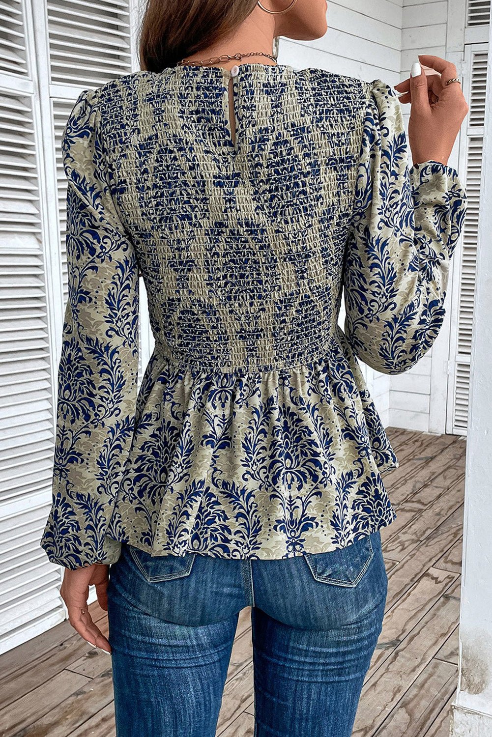 Sky Blue Boho Printed Balloon Sleeve Smocked Peplum Blouse - Crowned Energy CO.