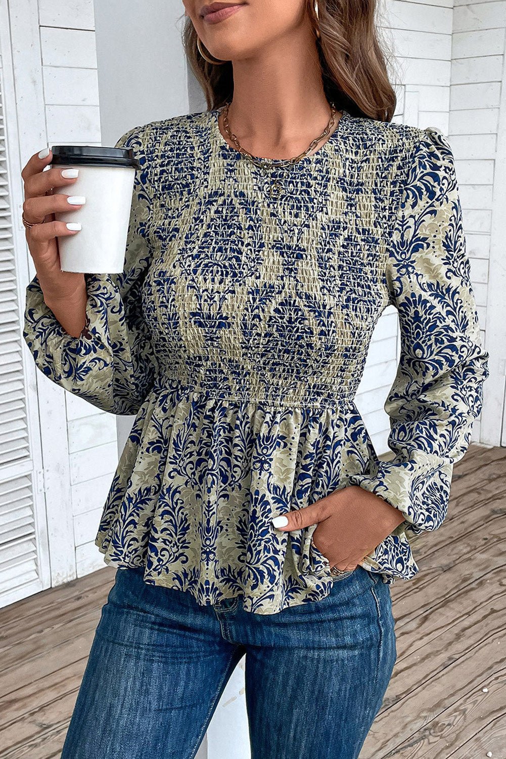 Sky Blue Boho Printed Balloon Sleeve Smocked Peplum Blouse - Crowned Energy CO.