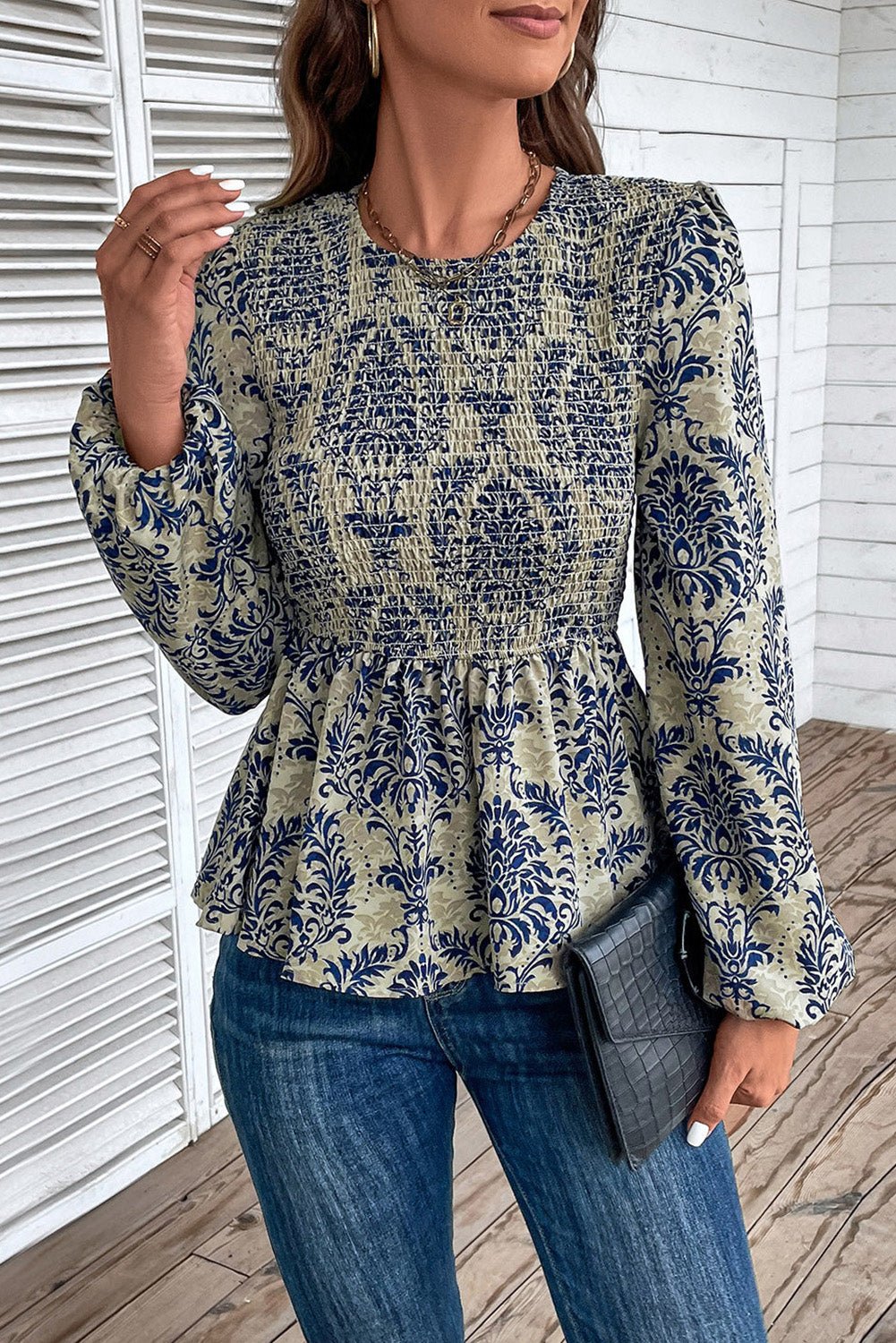 Sky Blue Boho Printed Balloon Sleeve Smocked Peplum Blouse - Crowned Energy CO.