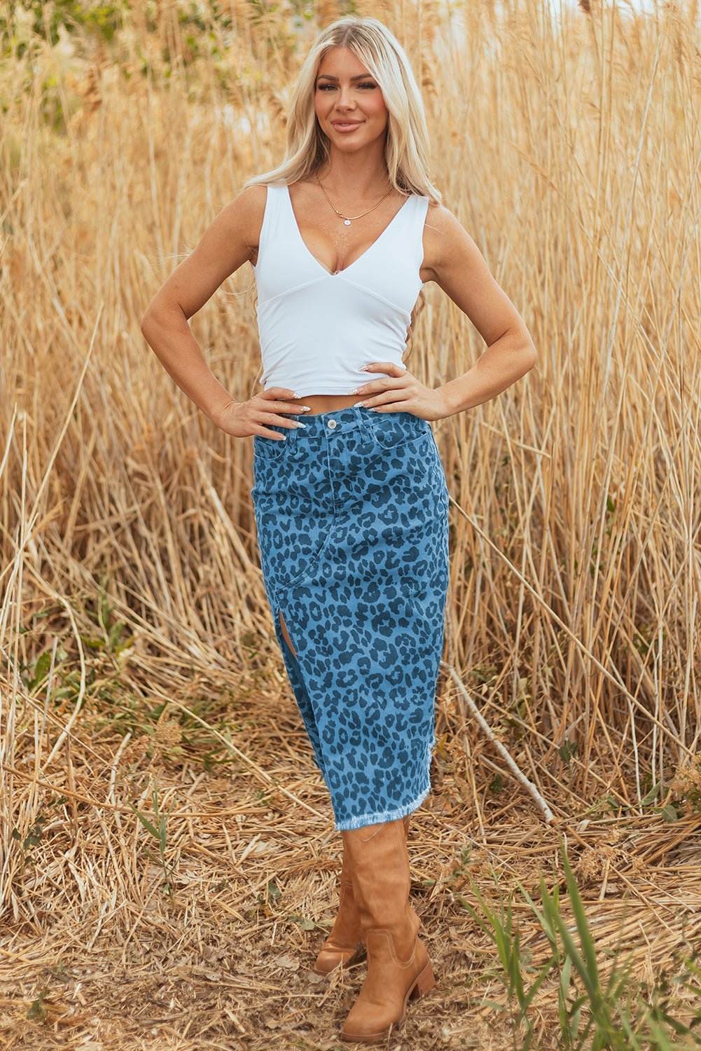 Sky Blue Leopard Denim Frayed Split Denim Midi Skirt - Crowned Energy CO.