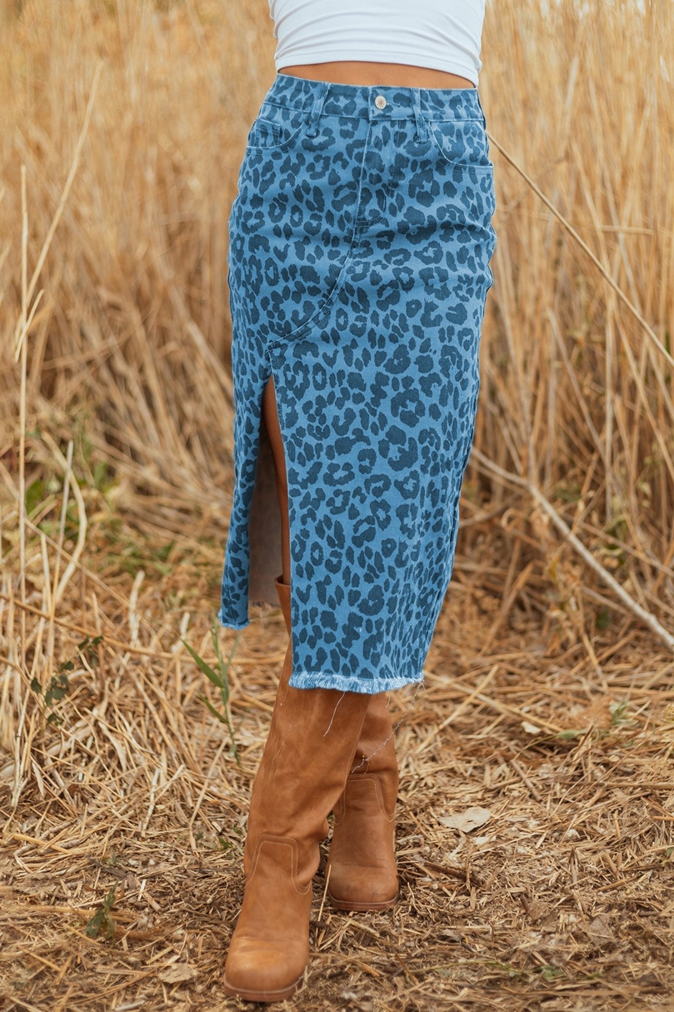 Sky Blue Leopard Denim Frayed Split Denim Midi Skirt - Crowned Energy CO.