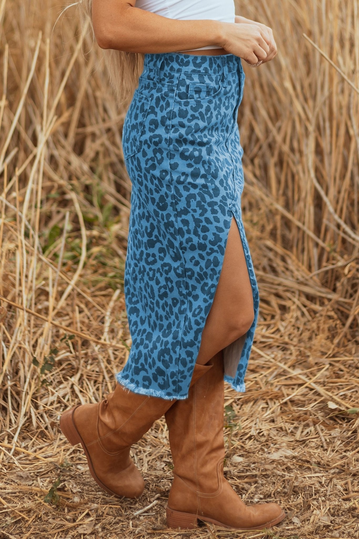 Sky Blue Leopard Denim Frayed Split Denim Midi Skirt - Crowned Energy CO.