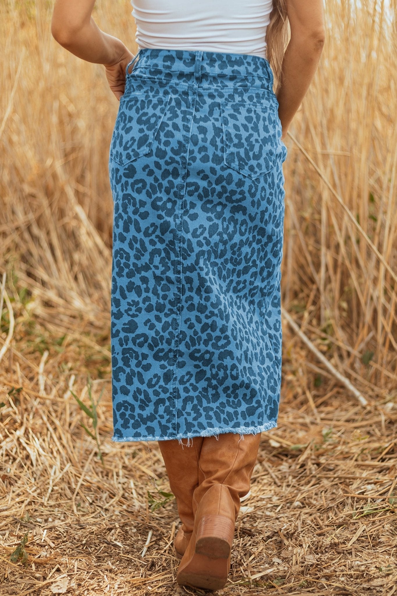 Sky Blue Leopard Denim Frayed Split Denim Midi Skirt - Crowned Energy CO.