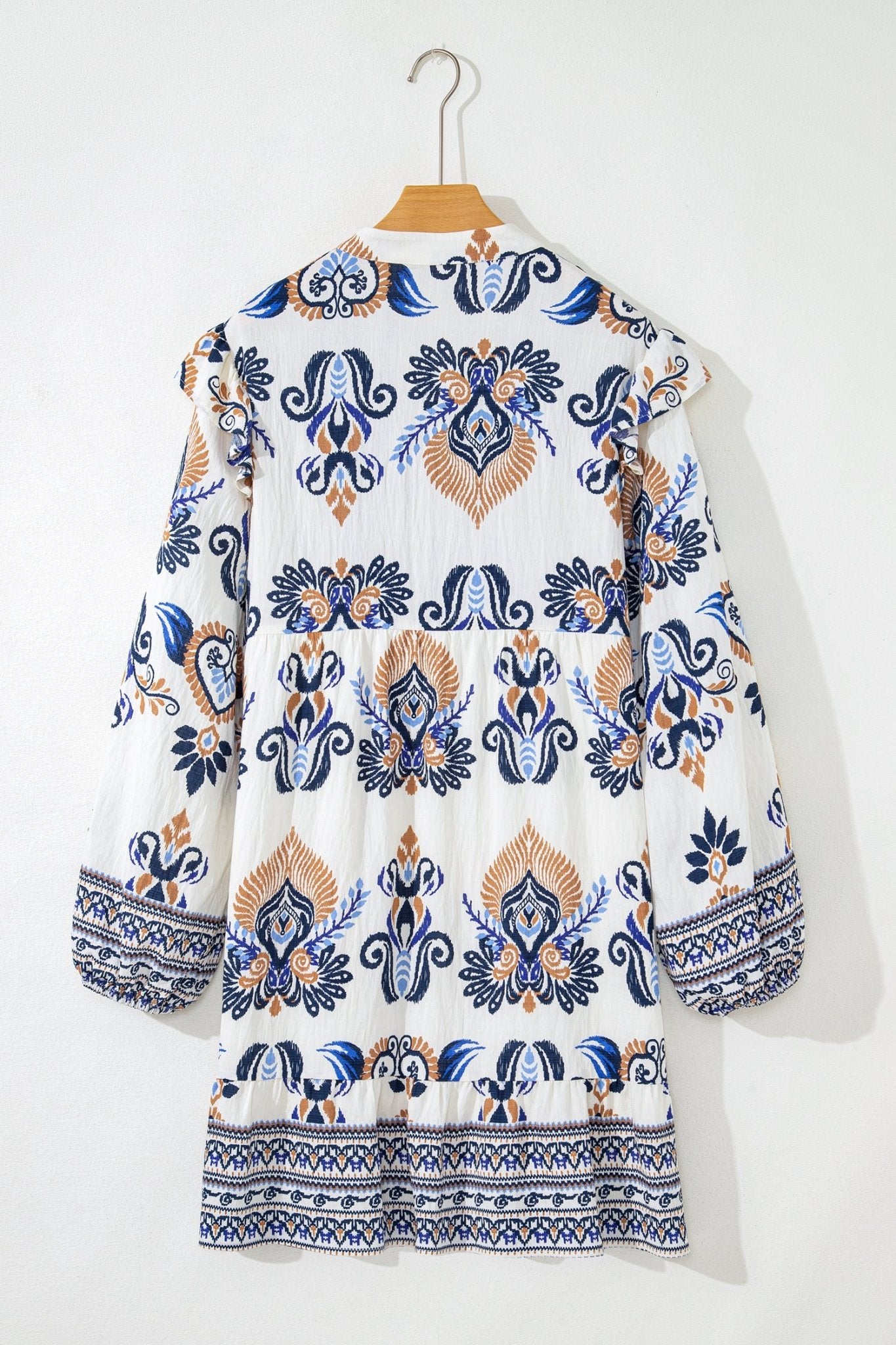 Sky Blue Plus Size Boho Print Split Neck Long Sleeve Mini Dress - Crowned Energy CO.