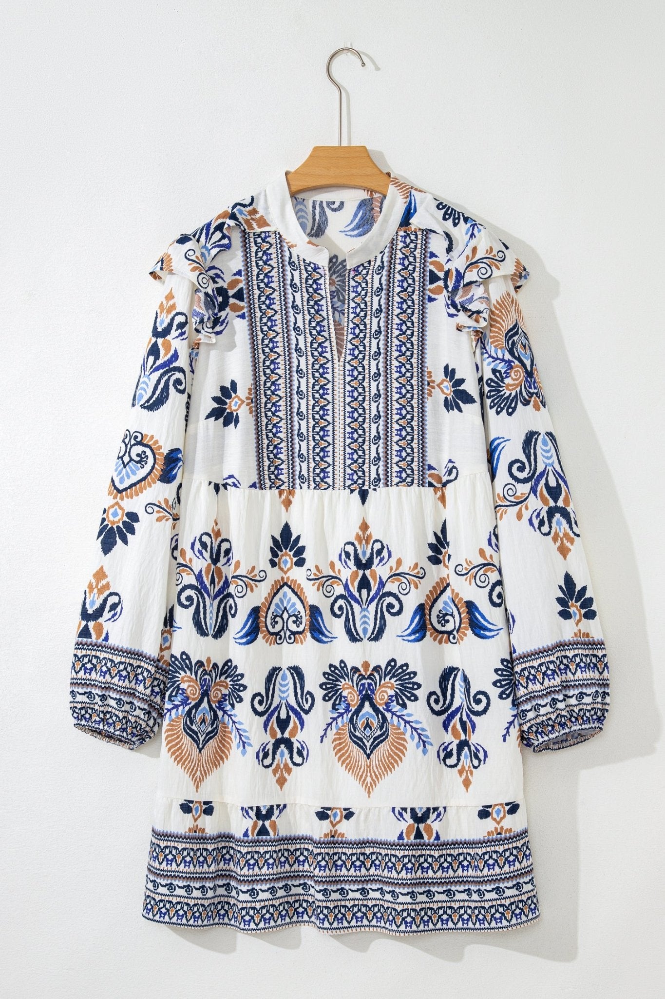 Sky Blue Plus Size Boho Print Split Neck Long Sleeve Mini Dress - Crowned Energy CO.