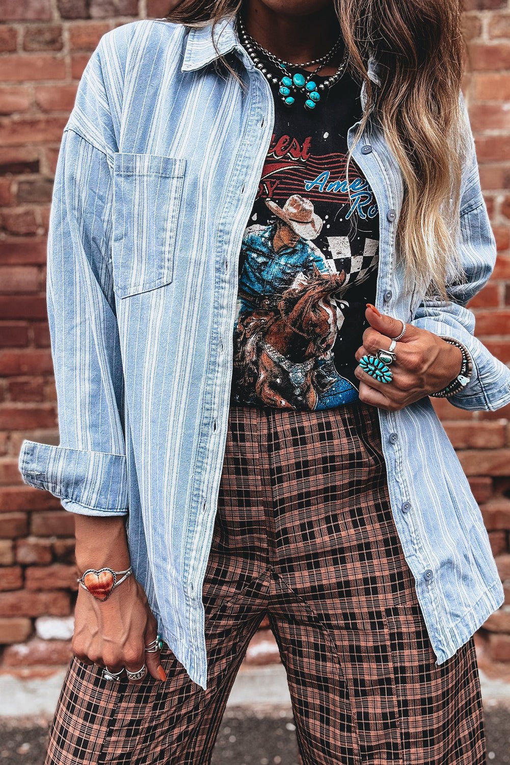 Sky Blue Stripe Boyfriend Chest Pocket Classic Denim Shacket - Crowned Energy CO.