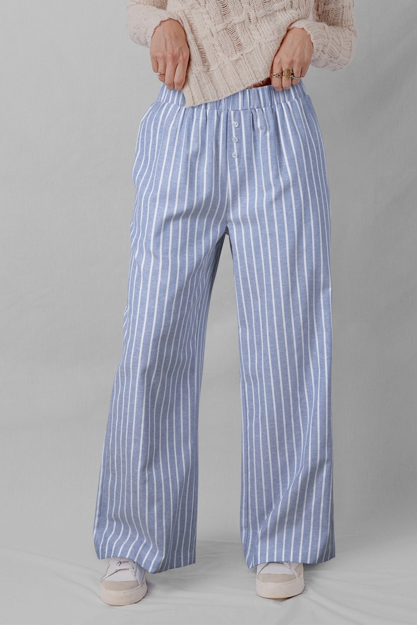 Sky Blue Stripe Buttoned Detail Loose Casual Pants - Crowned Energy CO.