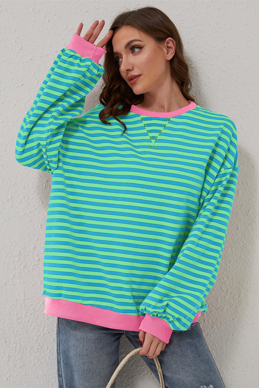 Crowned Energy CO. Sky Blue Stripe / S / 95%Cotton+5%Elastane Dear-Lover Dropshipping Tops/Sweatshirts & Hoodies Sky Blue Stripe Oversized Contrast Trim Pullover Sweatshirt