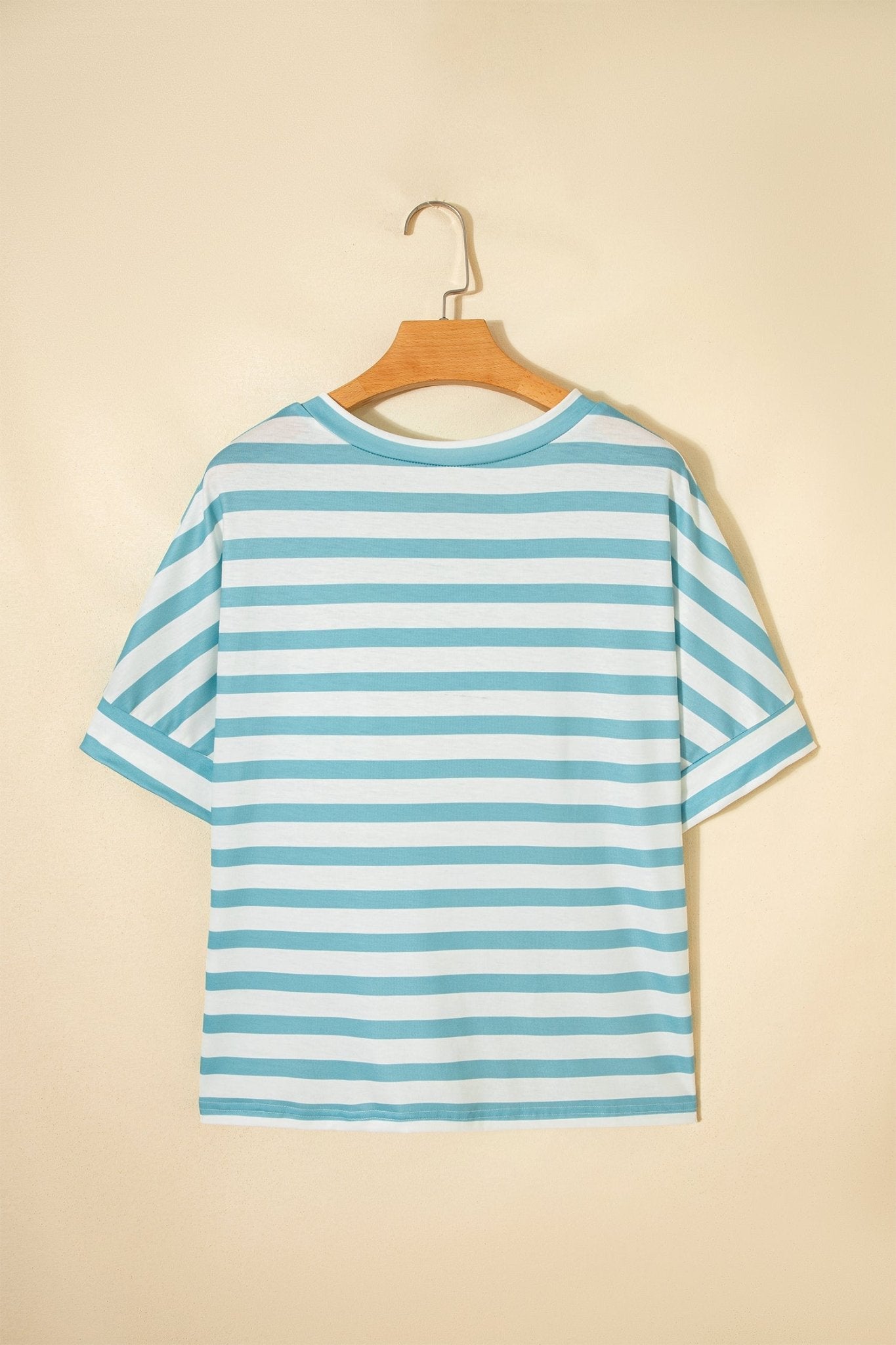 Sky Blue Stripe V Neck Patched Pocket Casual T Shirt - Crowned Energy CO.