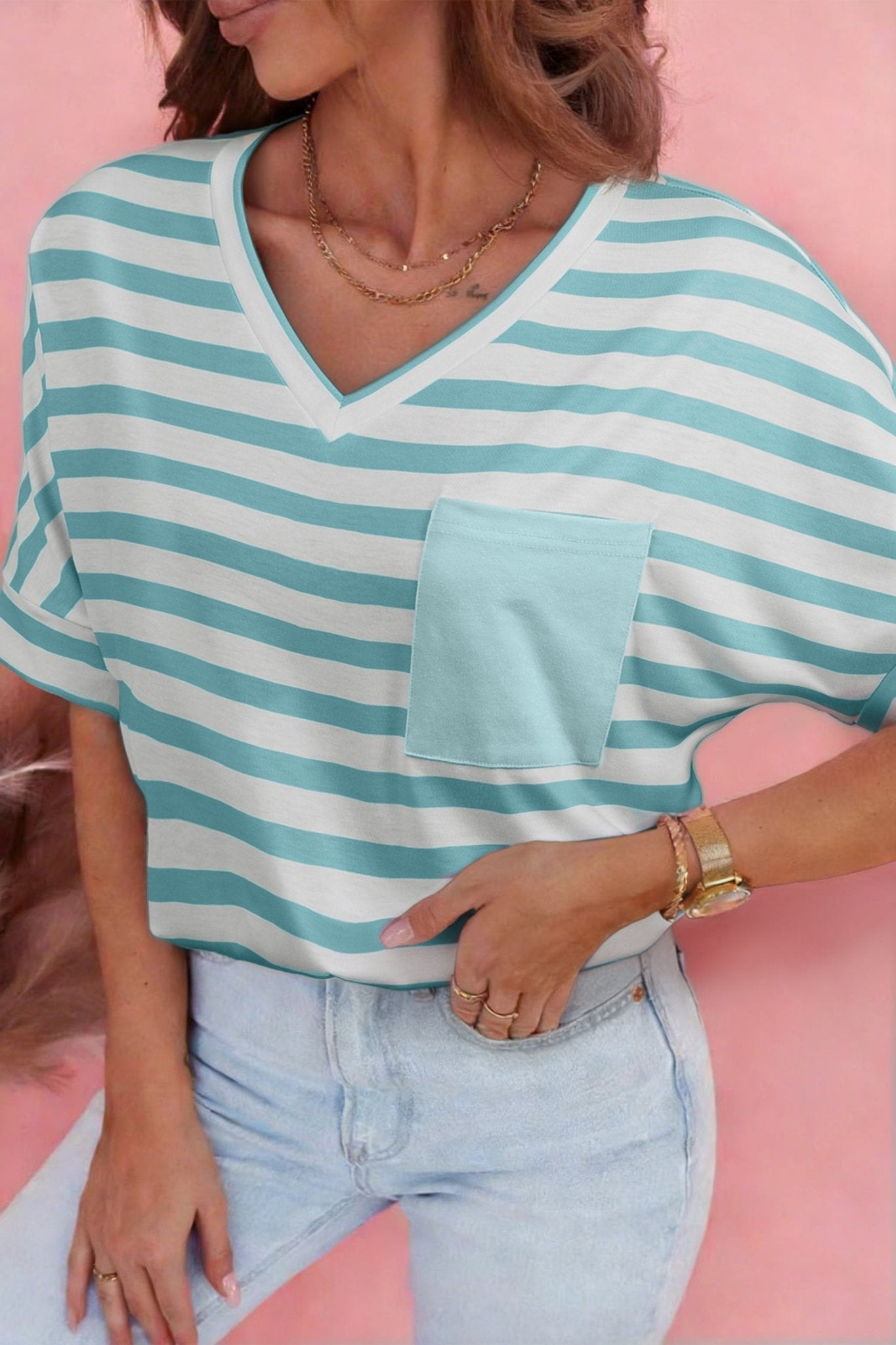 Sky Blue Stripe V Neck Patched Pocket Casual T Shirt - Crowned Energy CO.