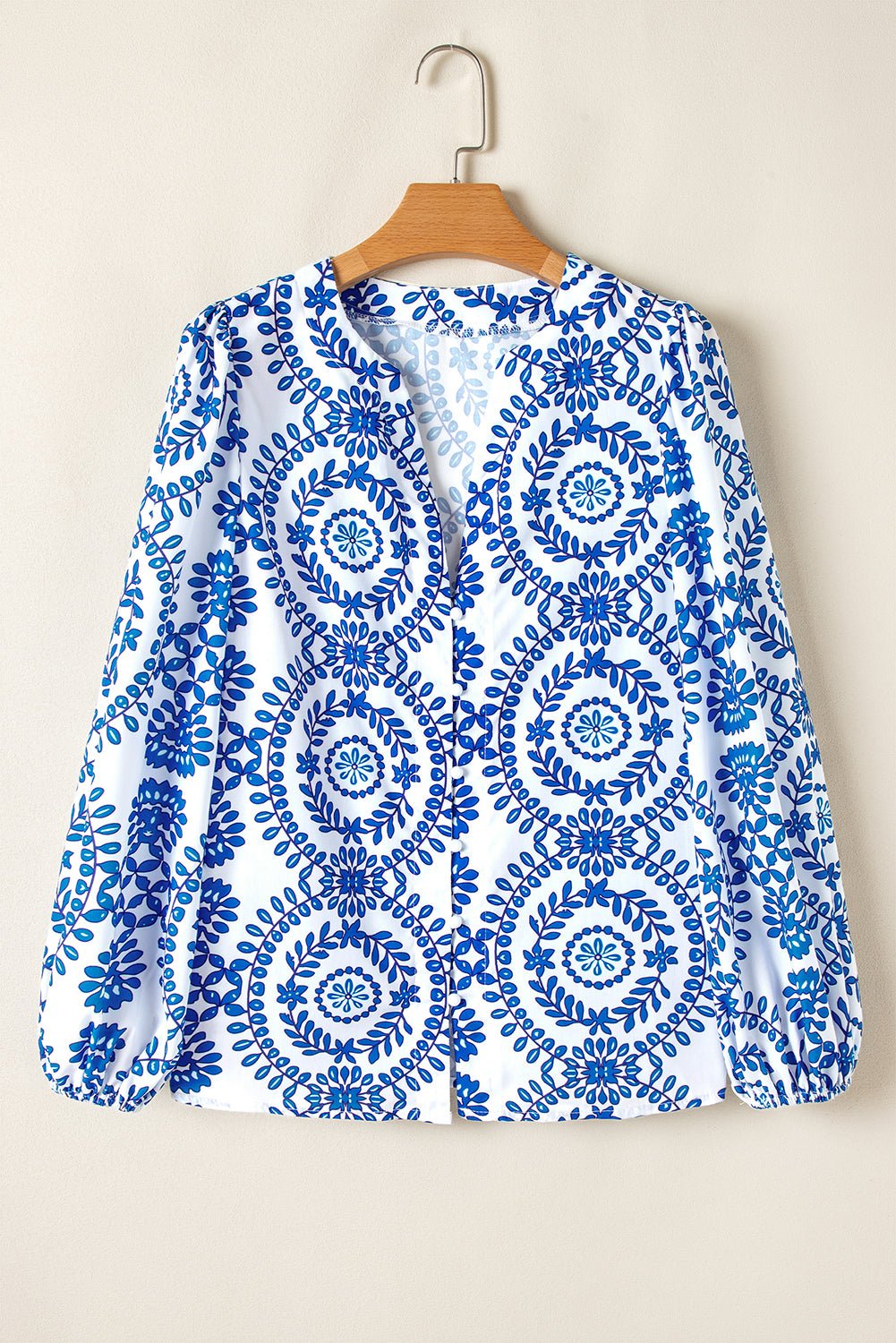 Sky Blue Vintage Geometric Printed Puff Sleeve Slit V Neck Shirt - Crowned Energy CO.