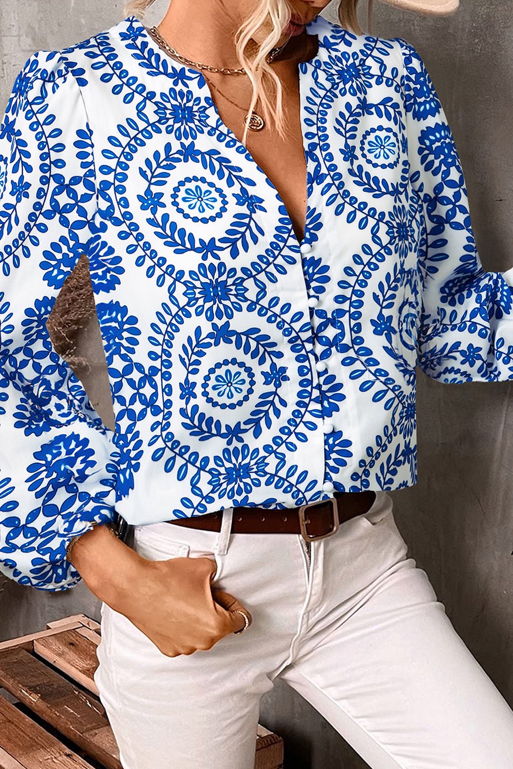 Sky Blue Vintage Geometric Printed Puff Sleeve Slit V Neck Shirt - Crowned Energy CO.