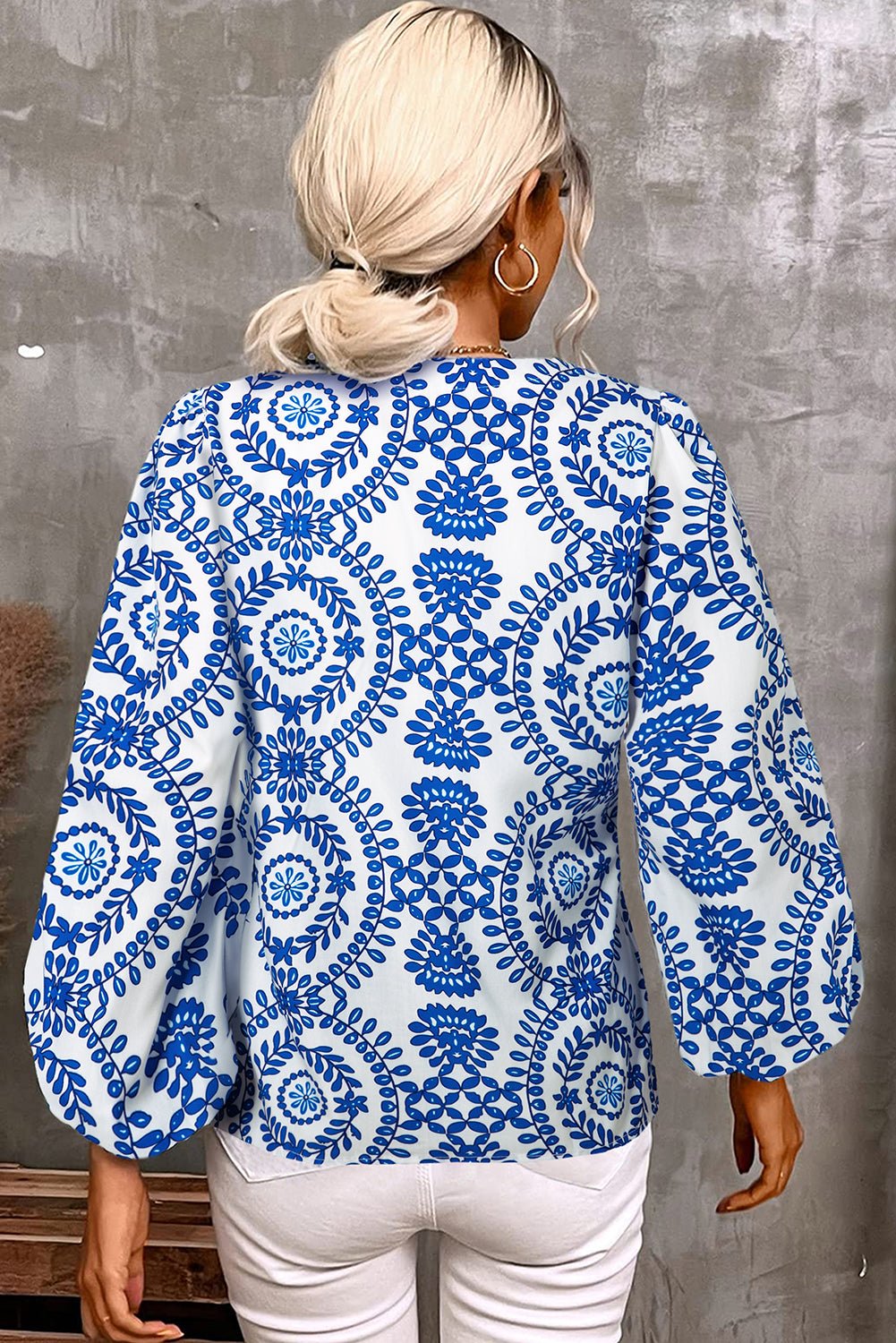 Sky Blue Vintage Geometric Printed Puff Sleeve Slit V Neck Shirt - Crowned Energy CO.