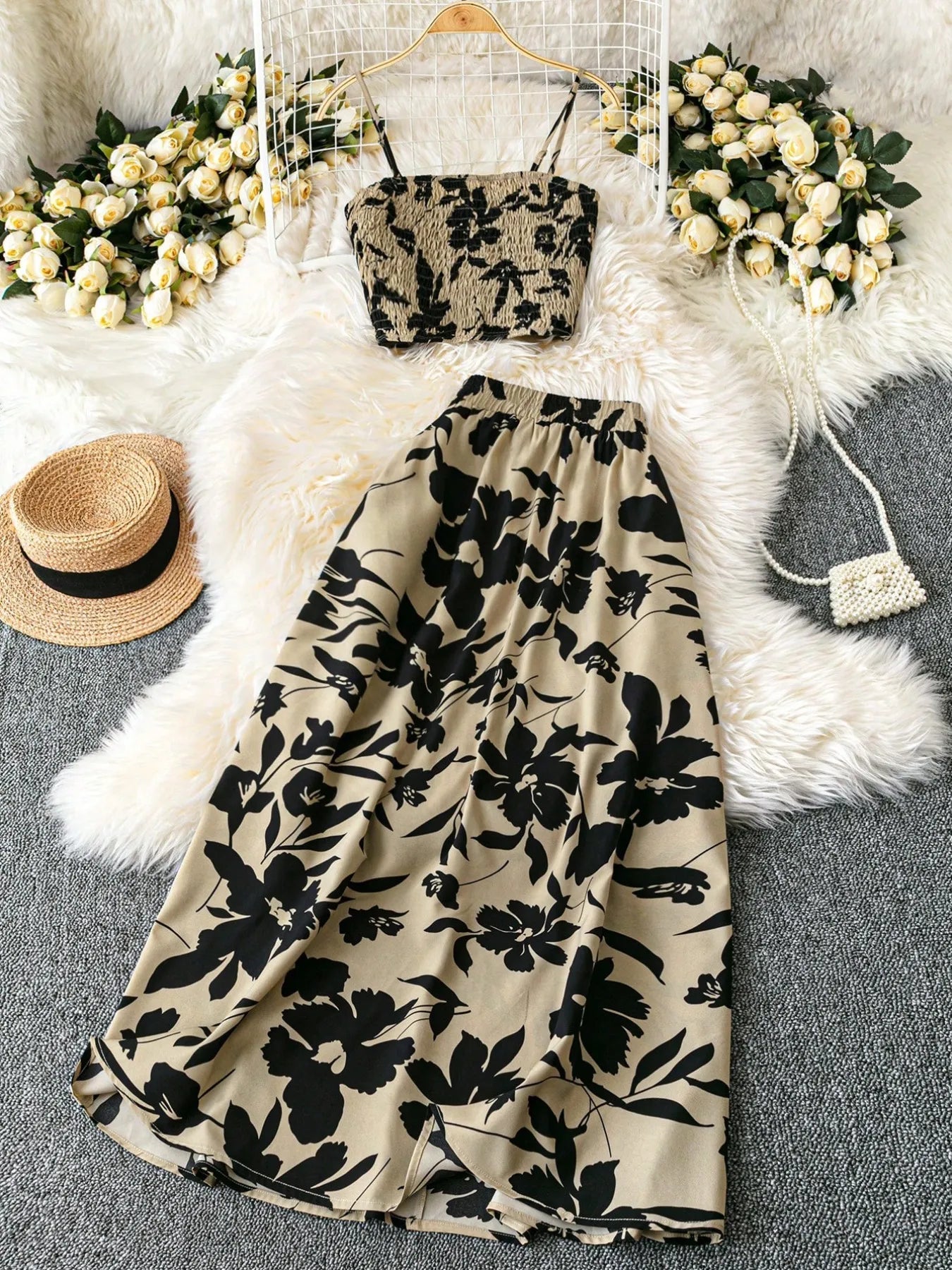 Crowned Energy CO. Olive / S Trendsi OUTFIT SET Smocked Printed Cami and Skirt Set