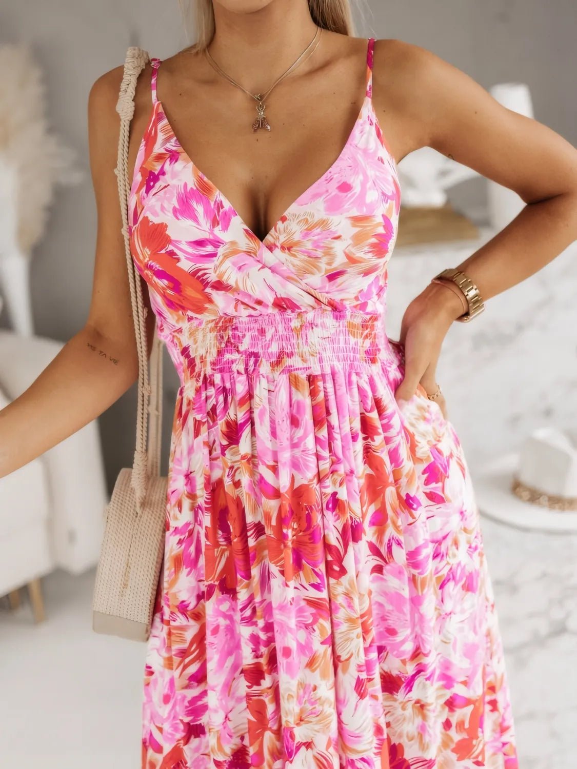 Smocked Printed Surplice Maxi Cami Dress - Crowned Energy CO.