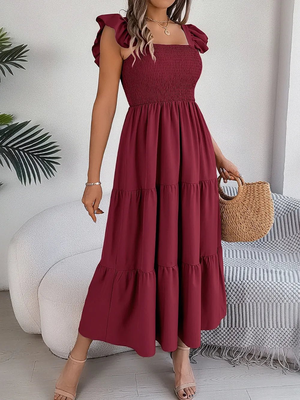 Smocked Square Neck Cap Sleeve Midi Dress - Crowned Energy CO.