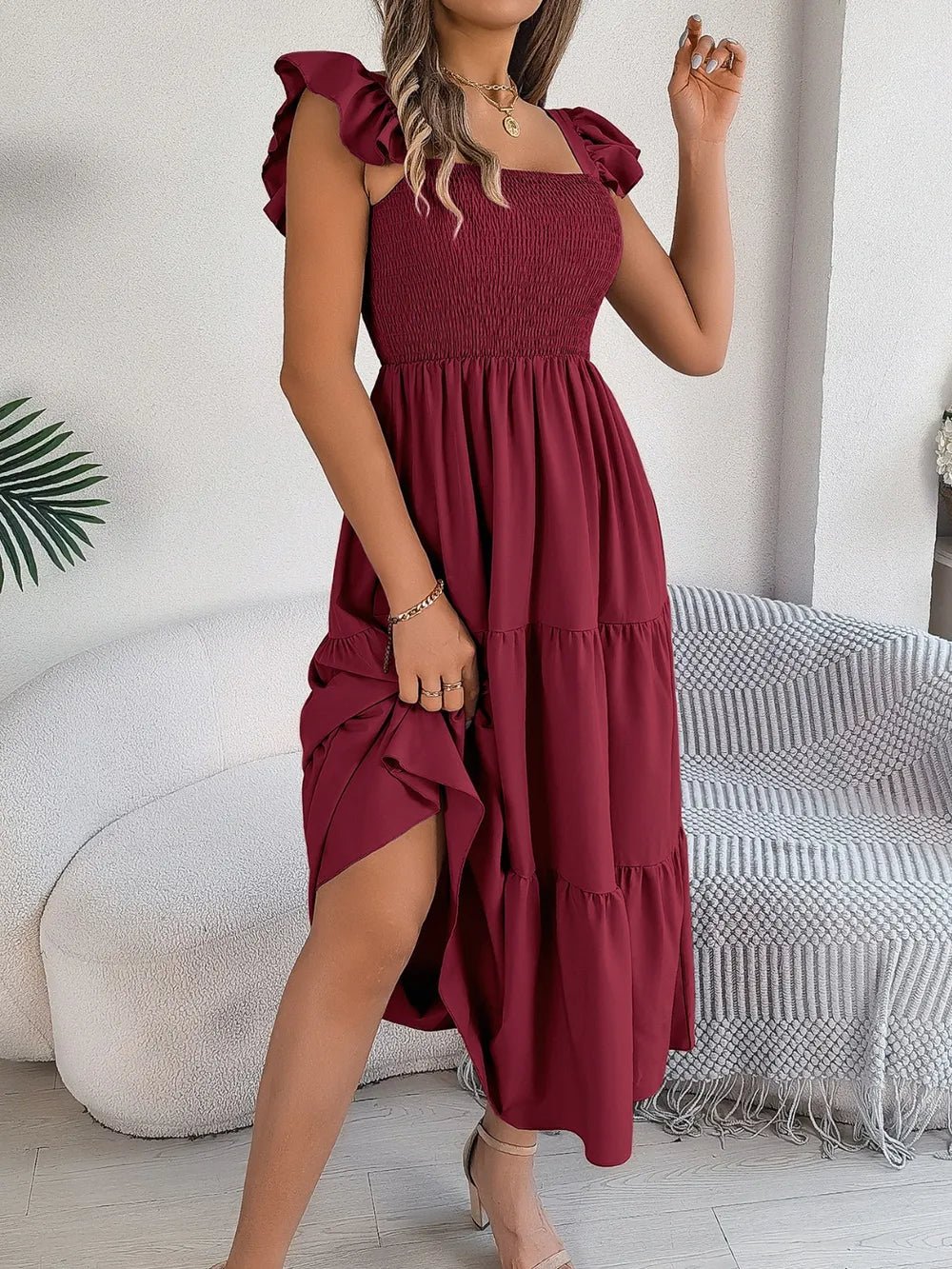 Smocked Square Neck Cap Sleeve Midi Dress - Crowned Energy CO.