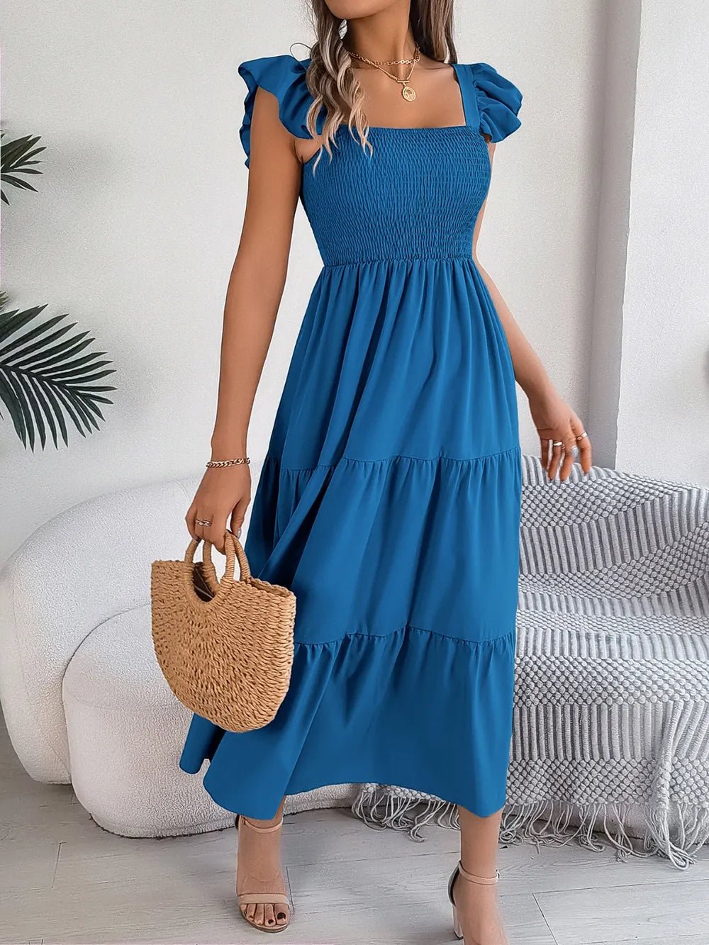 Smocked Square Neck Cap Sleeve Midi Dress - Crowned Energy CO.