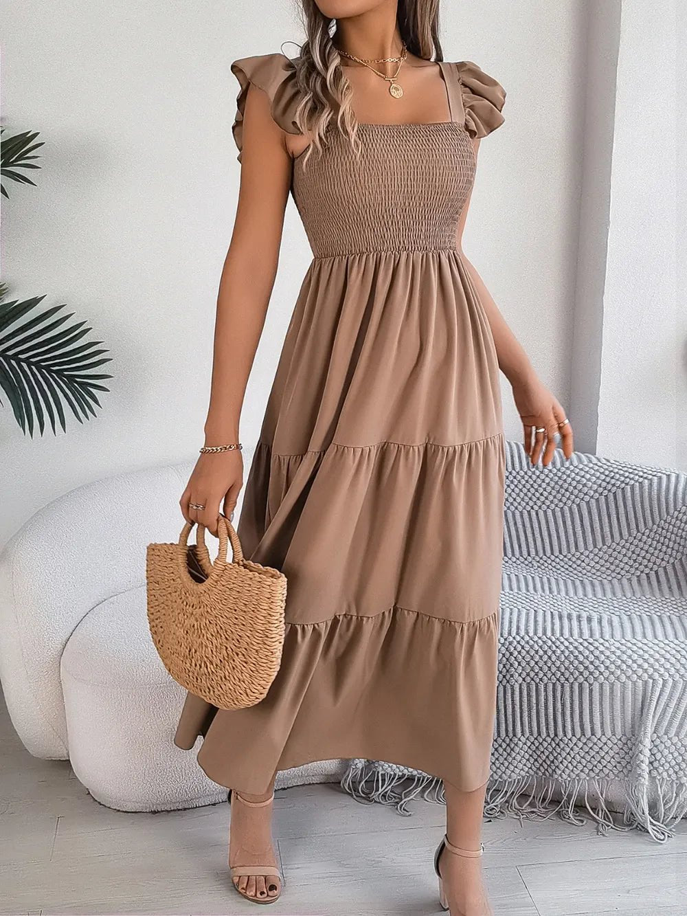 Smocked Square Neck Cap Sleeve Midi Dress - Crowned Energy CO.