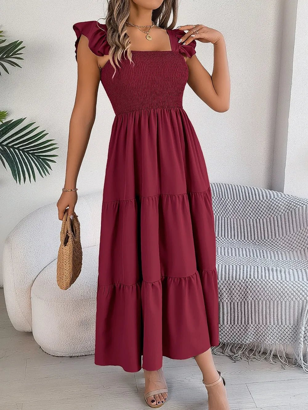 Smocked Square Neck Cap Sleeve Midi Dress - Crowned Energy CO.