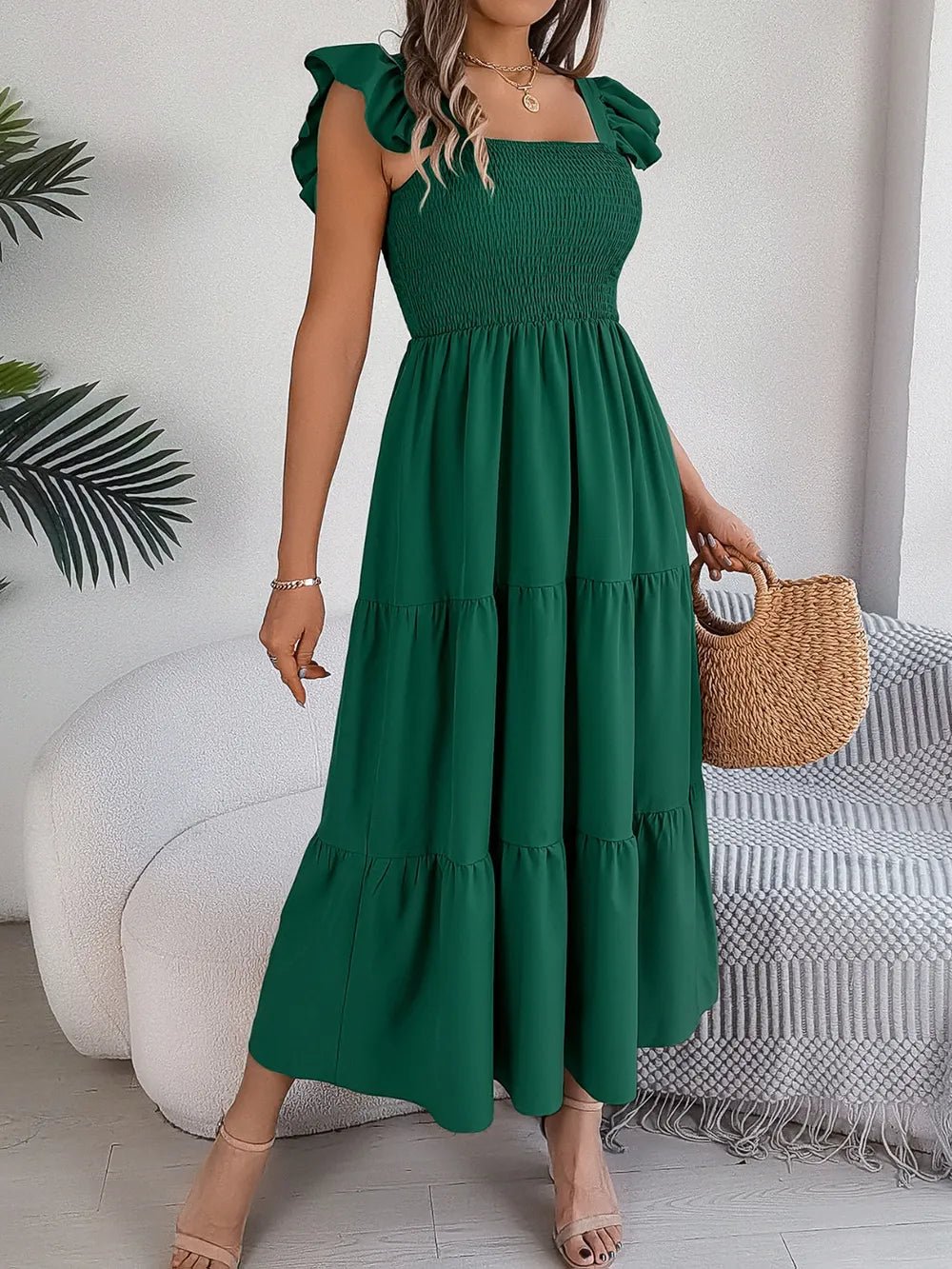 Smocked Square Neck Cap Sleeve Midi Dress - Crowned Energy CO.