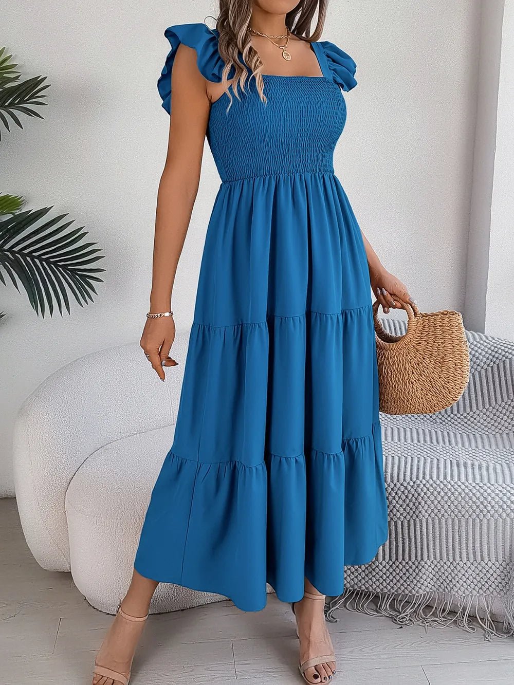 Smocked Square Neck Cap Sleeve Midi Dress - Crowned Energy CO.