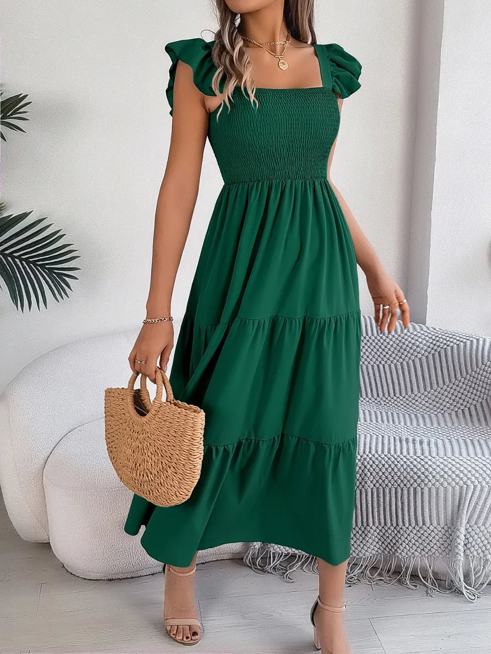 Smocked Square Neck Cap Sleeve Midi Dress - Crowned Energy CO.
