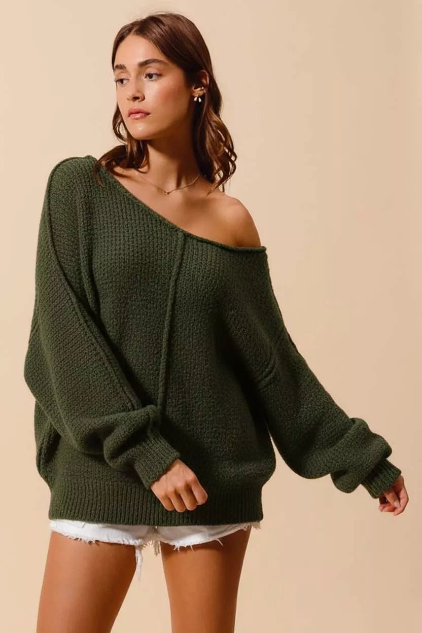 SO ME Loose Fit Exposed Seam Slouchy Boucle Sweater - Crowned Energy CO.
