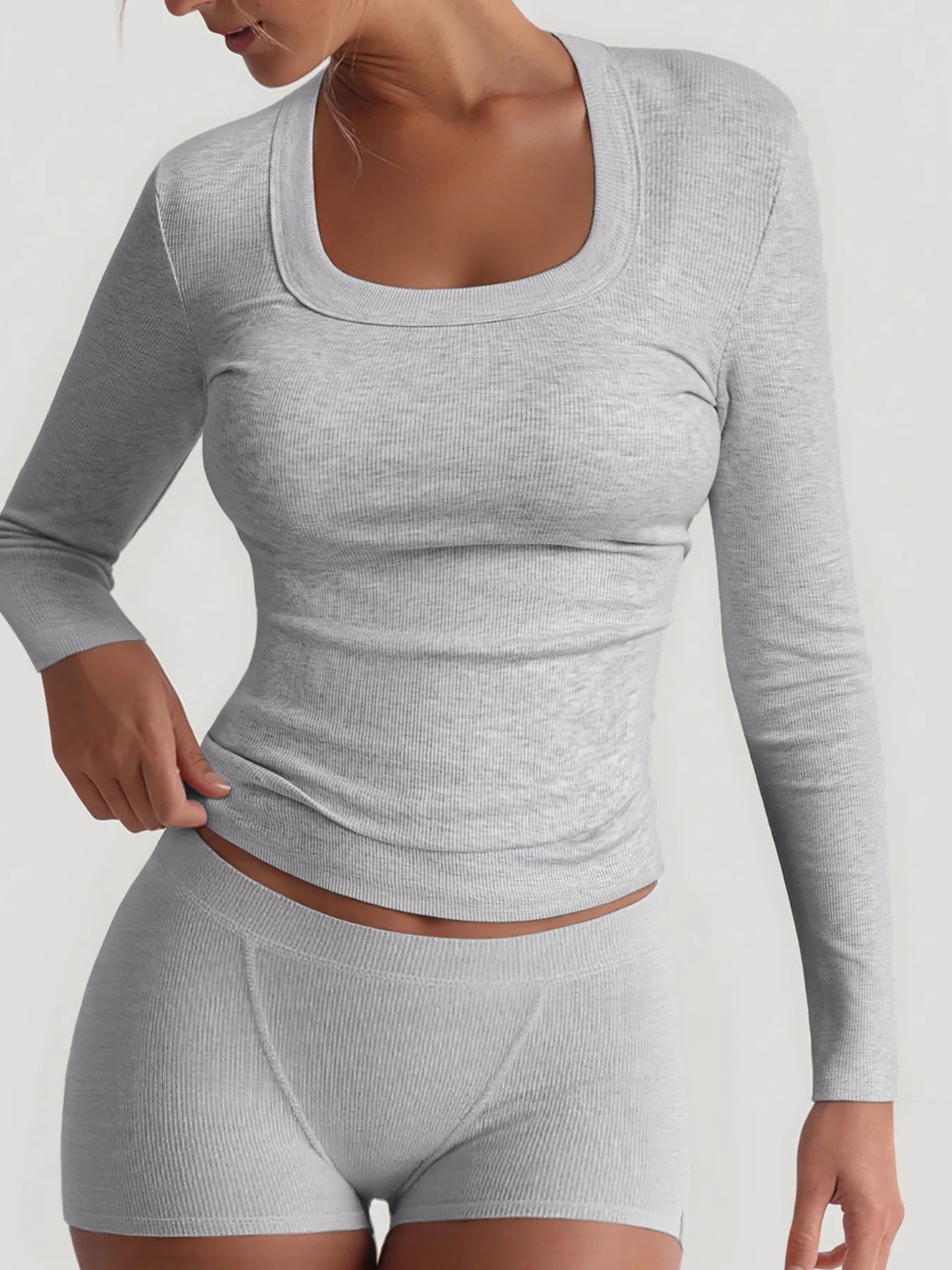 Crowned Energy CO. White / S Trendsi OUTFIT SET Square Neck Long Sleeve Top and Shorts Set