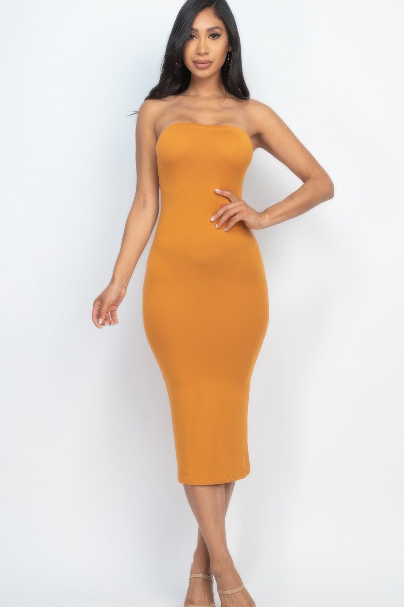 Crowned Energy CO. Camel / S CCWHOLESALECLOTHING Strapless Tube Bodycon Midi Dress