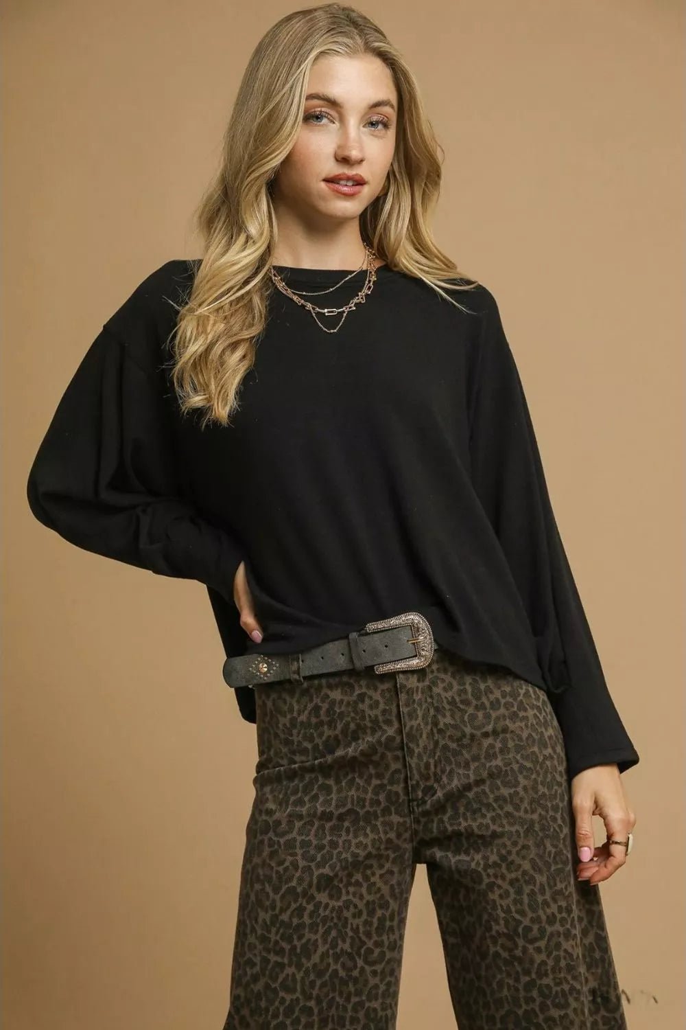Umgee Brushed Fleeve Crewneck Top - Crowned Energy CO.