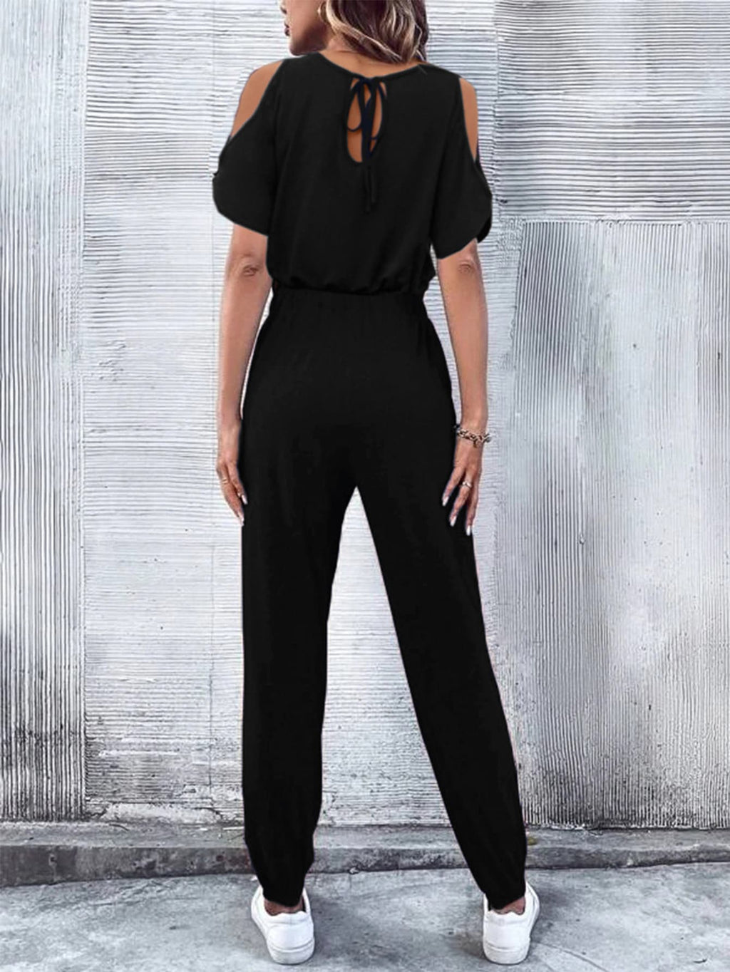 V - Neck Cold - Shoulder Jumpsuit with Pockets - Crowned Energy CO.