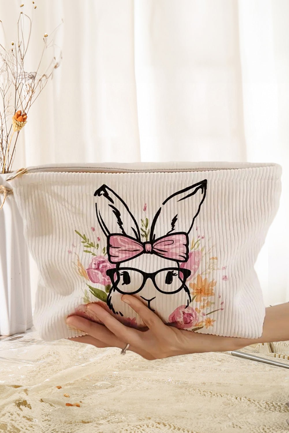 White Easter Bunny Print Corduroy Makeup Storage Bag - Crowned Energy CO.