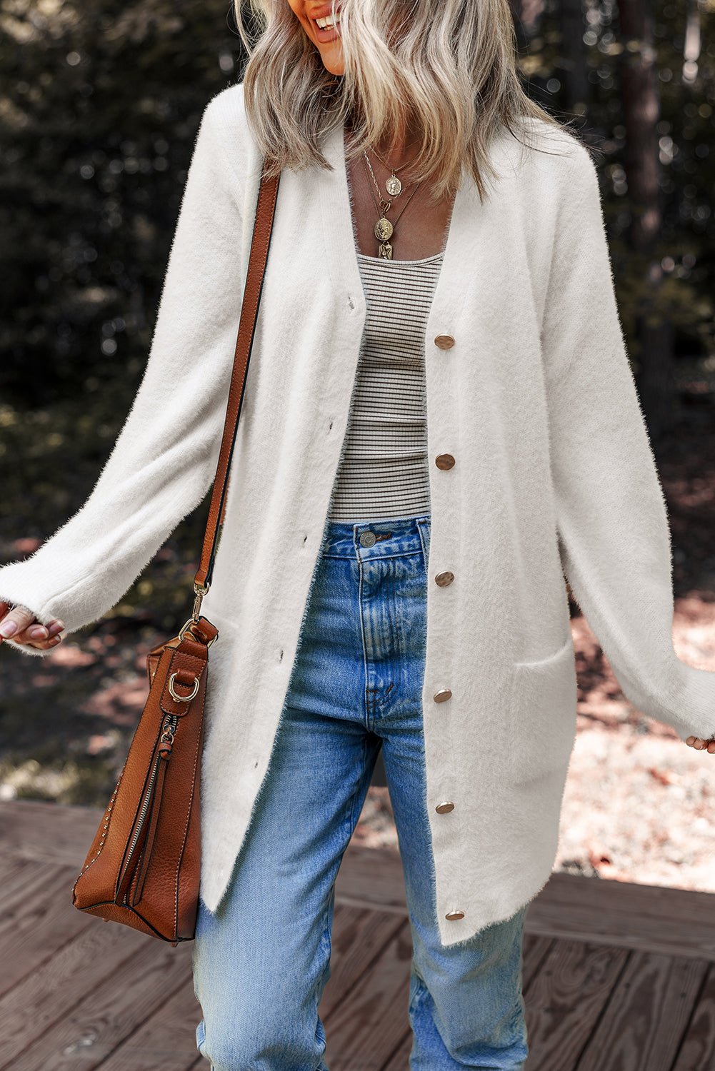 White Fuzzy Buttoned Front Midi Solid Cardigan - Crowned Energy CO.