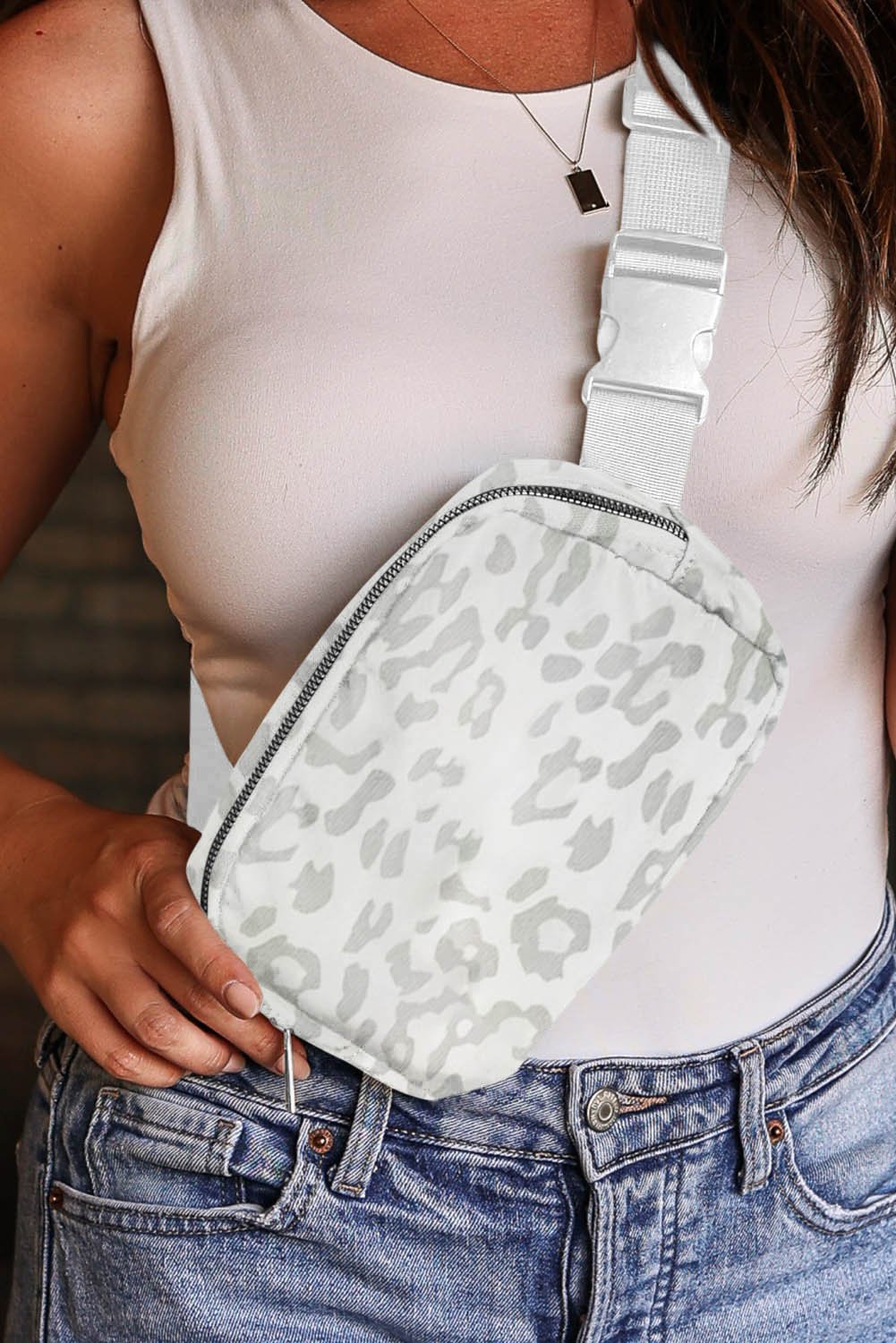 White Leopard Print Buckle Canvas Chest Bag 20*5*14cm - Crowned Energy CO.