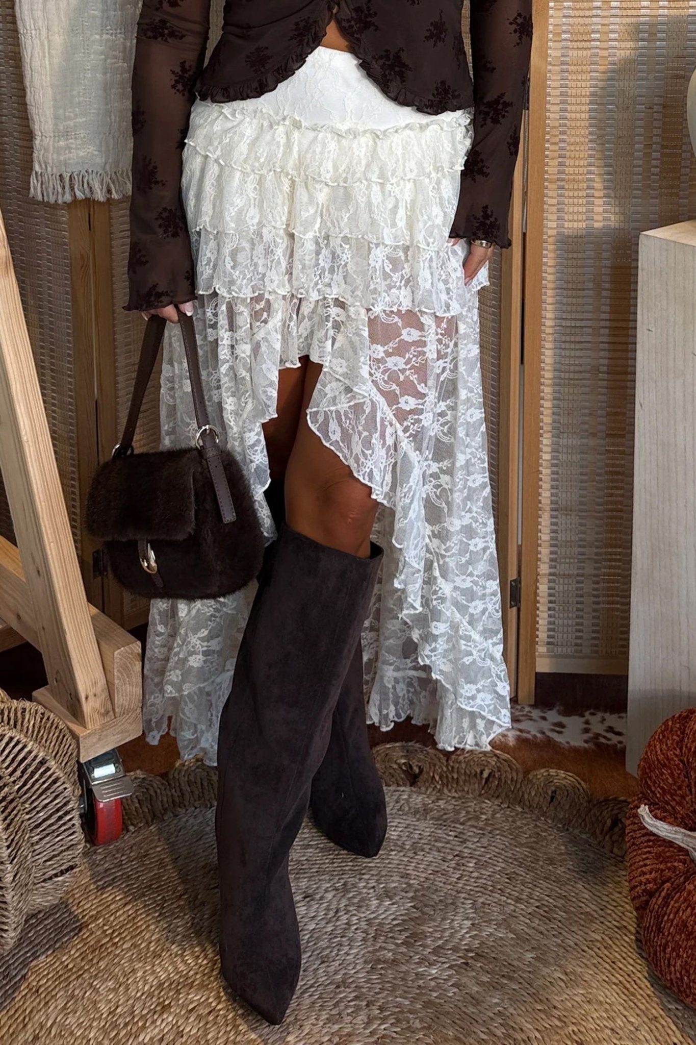 White Sheer Lace Frilly Ruffles High Low Long Skirt - Crowned Energy CO.