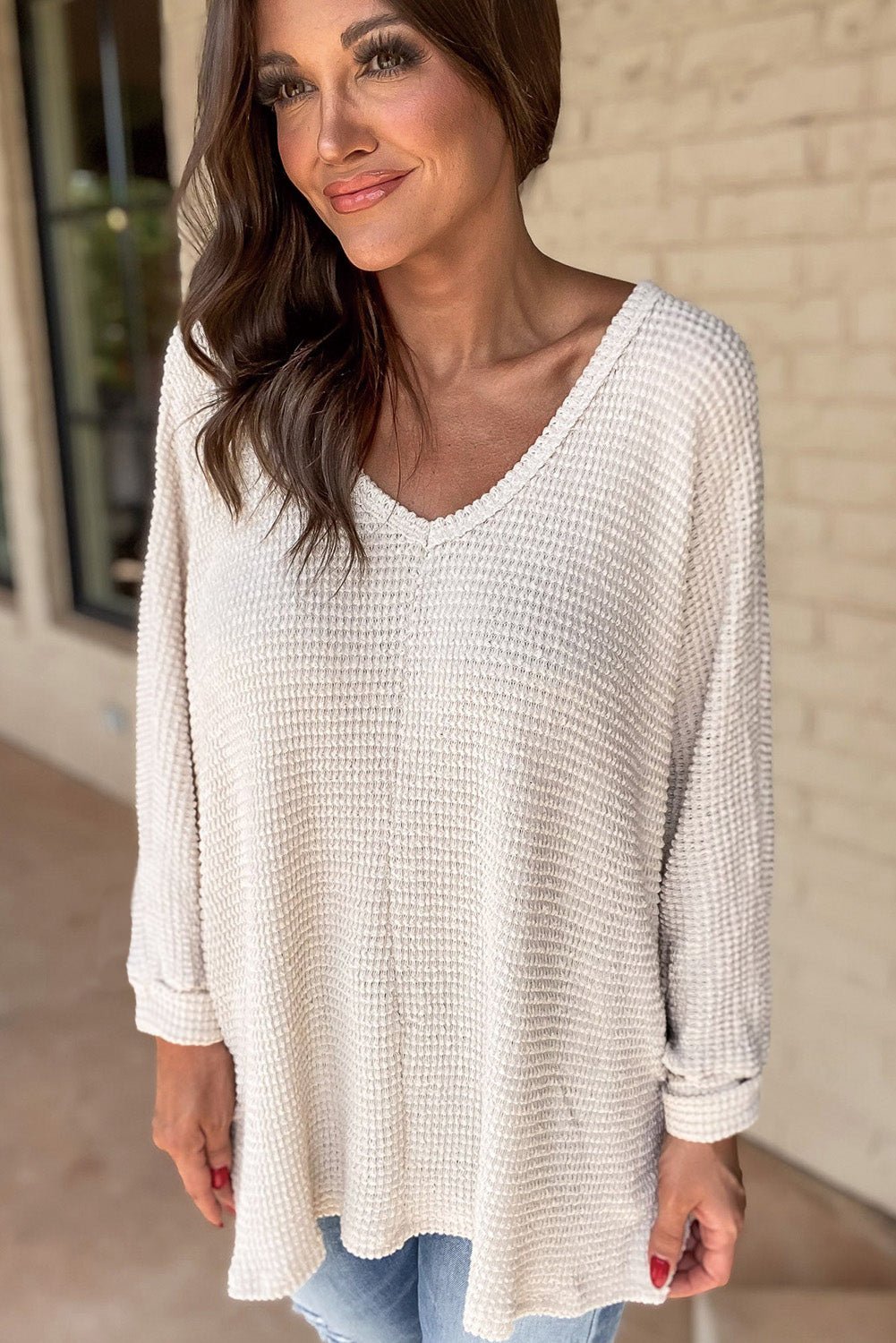 Crowned Energy CO. White / S / 65%Polyester+30%Viscose+5%Elastane Dear-Lover Dropshipping Tops/Long Sleeve Tops White Waffle Knit Side Slits Loose Fit V Neck Top